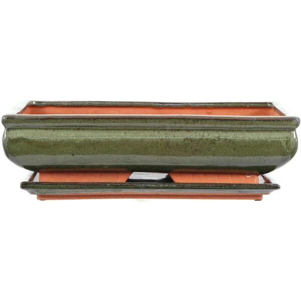 Bonsaischale Mit Untersetzer 33.5x20.5x9cm Grün Rechteckig Glasiert 3 Bonsaischale Mit Untersetzer 33.5x20.5x9cm Grün Rechteckig Glasiert